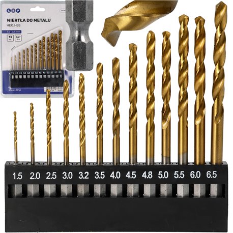 WIERTŁA ZESTAW WIERTEŁ DO METALU STALI HSS HEX 13SZT 1.5 - 6.5MM LSP